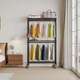 Higeego Rolling Clothing Rack for Hanging Clothes Heavy Duty Garment Rack with Wheels Metal Adjustable Shelves & Double Hanging Rods H2 Portable Closet for Bedroom, Black Coat Rack