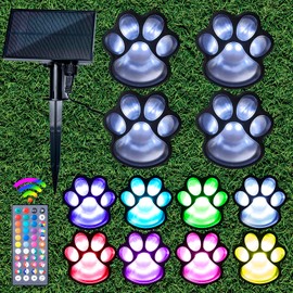 Paw Print Lights for Outside Solar & USB Power, 34 Color Changing Outdoor Pet Lights with Remote, Set of 4 Waterproof Dog Cat Paw Print Keepsake for Garden Pathway Patio Decor - Gift for Pets Lovers