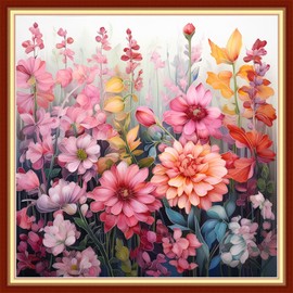 Foxdiviy Stamped Cross Stitch Kits Full Range of Embroidery Needlework Starter Kits for Beginners Adults 11CT Embroidery Patterns Art Crafts DIY Needlepoint Kits-Colorful Flowers 18x18 inch