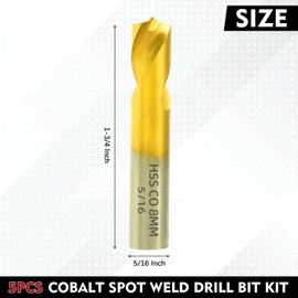 RENYU 5Pcs Cobalt Spot Weld Drill Bit Set Kit, Titanium Coated High Speed Cobalt Steel Weld Cutter Drill Bit Weld Removal Tool 5/16-inch (8mm)