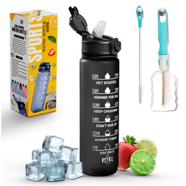 K-MART Sports Water Bottle with Straw and Time Marking, and 32OZ Capacity - Motivational and Eco-Friendly BPA-Free Bottle for Running, Gym, Yoga, Outdoors, and Camping (Style-1, Black)