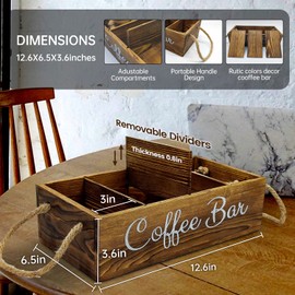 QUALLON Coffee Station Organizer with Small Removable Dividers, Wooden Coffee Bar Accessories Storage For Countertop, Farmhouse Kcup Coffee Pod Holder Basket With Handle For Coffee Lover