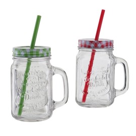 1 x Oramics drinking glass with lid and straw, vintage mason jar glass with lid and straw, 500 ml (colour green/red not freely selectable)