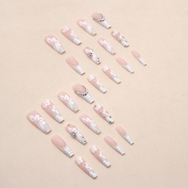 24pcs Extra Long Square False Nails French White Tip Stick on Nails Rhinestone Flower Press on Nails Removable Glue on Nails Full Cover Fake Nails Women Bridal Nail Art Accessories