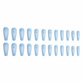 MERVF Coffin Press on Nails Long Fake Nails Light Blue Gradient Glue ons Nail Rhinestones Diamond Acrylic Ballerina Summer Manicure Glossy 24pcs