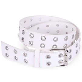 WHIPPY Double Grommet Belt for Women Men PU Leather Double Prong Buckle Vintage Punk Rock Jeans Belts (White, XL)