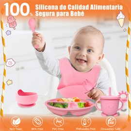 Platos para Bebé, 12Piezas Set de Vajillas Silicona de Alimentación Complementaria con Ventosas, Baberos Ajustable, Taza Aprendizaje, Sin BPA, Fácil de Limpiar, Regalo para Bebés 6Meses+ (Rosa)