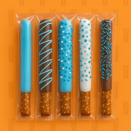 Chocolate Coated Blue Pretzel Rods – Assorted Toppings – Bulk 50 Pack – Individually Wrapped – Baby Shower Favors, Party Treats, Candy Table Snacks