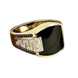 Fashion Cuban Link Chain Ring Classic Retro Color-Preserving 18K Gold Plated with Black Agate, Luxury Fashion Successful Gentleman Diamond Ring Hip Hop Ring for Men (7)