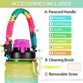 AMITER Botella de agua de medio galón/64 onzas con popote, marcador de tiempo motivacional y mango, botellas de agua grandes Tritan a prueba de fugas con tiempos de beber, jarra de agua deportiva sin BPA de 1/2 galón (cepillo para botella incluido)