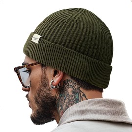 Clakllie Unisex Short Knitted Merino Beanie Hat, Winter Warm Winter Hat, Thermal Hats, Stretchy Classic Soft Wool Hat with Cuffs and Thick, Windproof, Breathable, Skull Cap, Trawler Hat, HKN01-Green