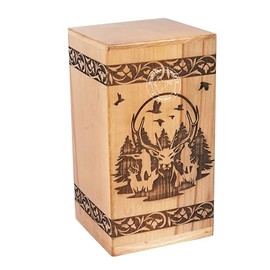 HIND HANDICRAFTS Handcrafted Floral Engraved Wooden Urns for Human Ashes Adult Large - Cremation Urn for Ashes - Burial Urn for Columbarium - Funeral Urn Box (Buck Deer 2, 250 LB - Beechwood)