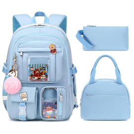 Laptop Backpacks 16 Inch School Bag College Backpack 3 PCS with Lunch Box Pencil Pouch Set Large Travel Daypack Kawaii Bookbags for Teens Girls Women Students (Blue)