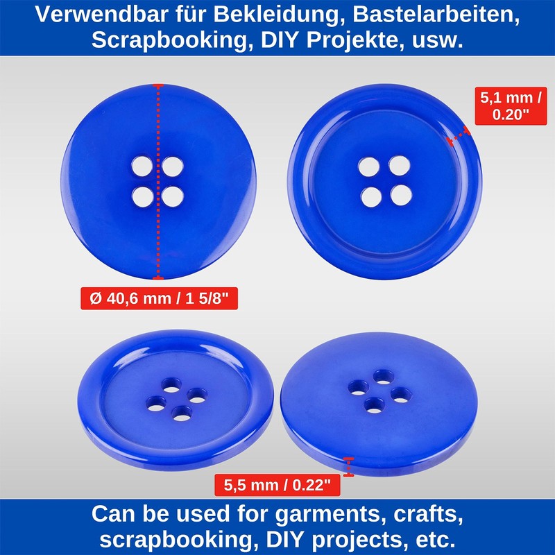 Clothing Buttons, 6 Pieces 4 Hole Diameter 40.6mm Blue Polyester