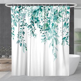POATOW Teal Eucalyptus Shower Curtain,Watercolor Leaves on The Top Plant with Floral Bathroom Decoration Shower Curtain Sets 72x72 Inch with Hooks (Teal Leaves)