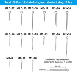 150 Pcs 304 Stainless Steel Cotter Pins Assortment Kit, M1-M3 Heavy Duty Split Cotter Pins Assorted, 15 Sizes, for Automotive Mechanics, Small Engine Repair, Farm Trucks, Cars, Garden Equipment