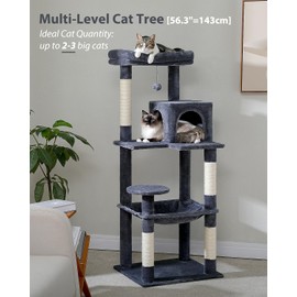 PEQULTI Cat Tree for Large Cats with Metal Frame Big Hammock, Cat Tower for Indoor Cats with 2 Door Condo House, [56.3"=143cm] Multi-Level Cat Shelves with Scratching Posts and Top Perch, Dark Grey