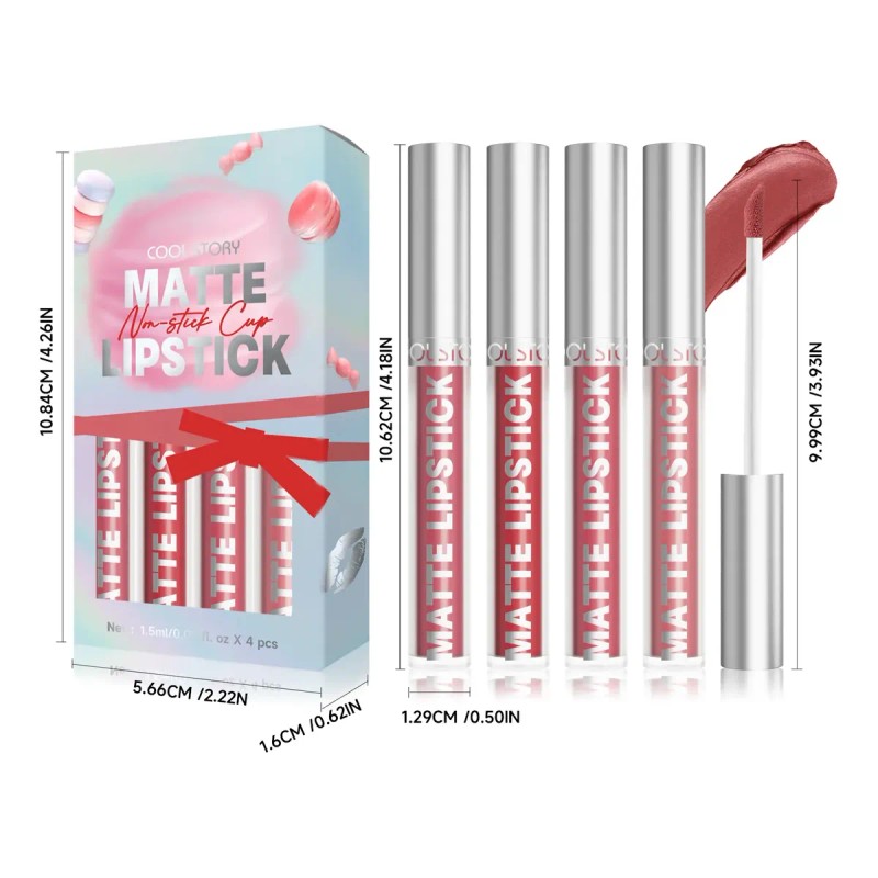 Set De 4 Labiales Mate Labial Resistencia Agua Color Rojo
