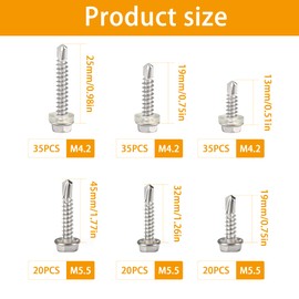 Roosea 165 Pcs M4.2/M5.5 410 Stainless Steel Self Drilling Hex Head Screws Hex Head Self Tapping Screws with Hex Socket Self Tapping Screws Metal for Roof Sheet Metal Wood Building Construction