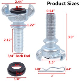 3/4 Inch Hose Barb Chicago Air Hose Fitting 4Pcs, Universal Coupling with 2 Lug, Male End, for Air Tools and Compressor, with Rubber Bushing & Locking Pins