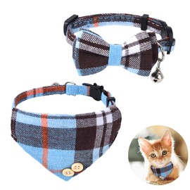 Cat Tie Collar, Mini Cat Bandana, Cat Bandana Collar with Bells and Bowtie, Kitten Bow Tie with Safety Buckle Adjustable Size for Small Cats Boys or Girls, Blue (2 pcs)