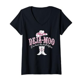 Womens Playful Deja Moo Pun with Cowboy Hat & Boots Pink Cow Print V-Neck T-Shirt