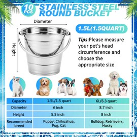 Hicarer 10 Pcs Dog Stainless Steel Bucket Heavy Duty Water Bucket for Dogs Metal Bucket with Handle Small Metal Pail for Pet Cat Puppy Food and Water Storage Milking Goats Small Animals (1.5 Quart)