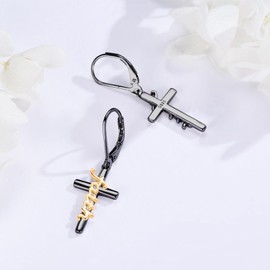 Midir&Etain Faith Cross Earrings 925 Sterling Silver Black Religious Dangle Earrings Faith Cross Christian Catholic Jewelry Gifts for Women Men, 11*6.5mm, Sterling Silver, No Gemstone