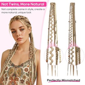 REECHO Clip in Braid Hair Extensions for Women, 20" Boho Dreadlock Clip in Braids with Beads & Charms, 2PCS Handmade Synthetic Braided Hairpieces for 