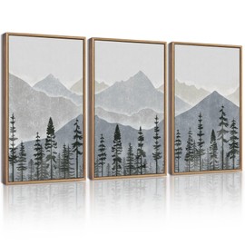 KUVIOKE Mountain Landscape Framed Wall Art Watercolor Nature Forest Painting Boho Farmhouse Rustic Home Decor 11x14in (Natural Framed)