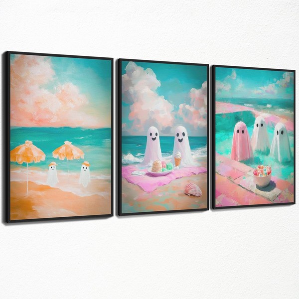 Ghost Canvas Wall Art, Pastel Summer Halloween Poster, Set of