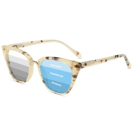 Firmoo Photochromic Progressive Multifocus Glasses,Vintage Cateye Blue Light Blocking Eyeglasses UV400 Sunglasses for Women/Men,Ivory Pattern