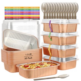 LNYZQUS 50 Pack 7” x 5” Small Aluminum Pans with Lids, 1.5lb Heavy Duty Foil Baking Tins To Go Containers,Individual Leftover Containers Baked Food Holders Boxes for Oven Grill-Champagne