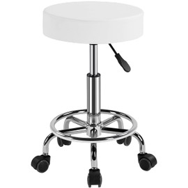 Yaheetech Rolling Stool Adjustable Spa Chair with Wheels Small Round Stool Shop Tattoo Chair, White