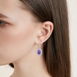 YFN February Birthstone Earrings Sterling Silver Purple Amethyst Oval Cut Drop Dangle Leverback Earrings Jewellery Gifts for Women (February)