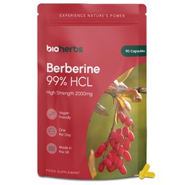 Berberine HCL Supplement High Strength - 2000mg 99% HCL by BioHerbs | 90 One-Per-Day Capsules (3-Month Supply)