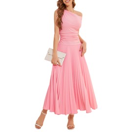 Bbonlinedress Pink Maxi One Shoulder Prom Cocktail Summer Pleated Dress Women Wedding Guest Bridesmaid Formal Long Party Dresses Pink M