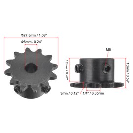 sourcing map #25 Chain Roll Gear 6 mm Bore 1/4 Inch Distance 12 Teeth Single Beach Chain Sprocket C45 Carbon Steel 25 Roll Chain Sprocket with Set Screws for ISO 04C Chain Pack of 2
