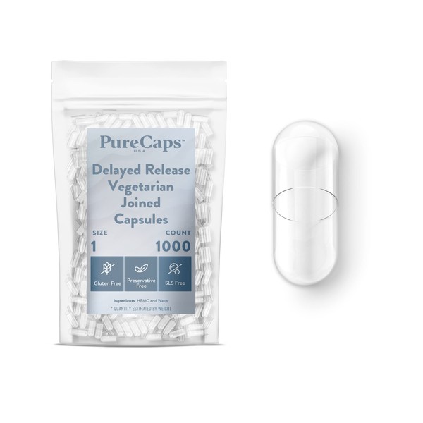 PureCaps USA - Size 1 Empty Clear Vegetarian and Vegan Delayed Release/Acid Resistant Capsules - Preservative Free with Natural Ingredients - (1,000 Joined Capsules)