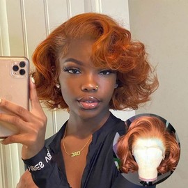 NICY Ginger Bob Lace Front Wig 13X6X1 T Parting Body Wave Lace Front Wigs Pre Plucked Orange Colored Brazilian Wavy Human Hair Wig（16inch）