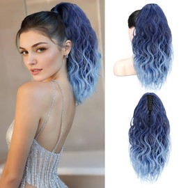 14 Inch Claw Clip Ponytail Extension Soft Curly Claw Ponytail Extension Short Pony Tails Hair Extensions Synthetic Fiber Hair Pieces for Women (Color: Blue with Highlights)