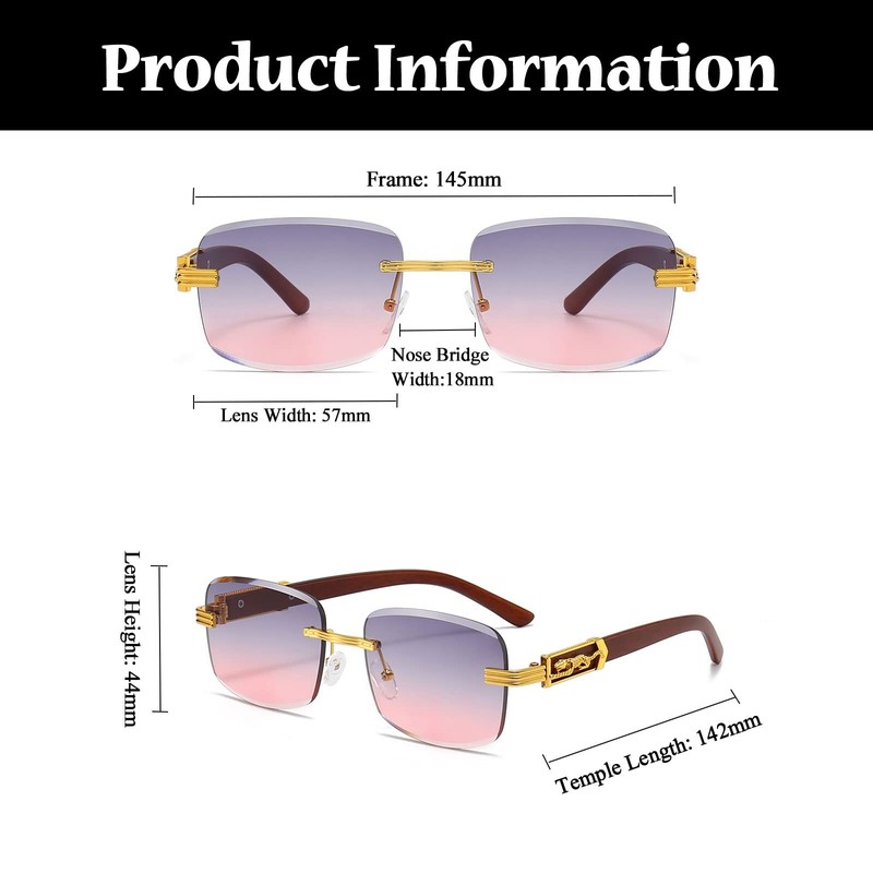 LJCZKA Vintage Rimless Rectangular Sunglasses Men Women Retro Small Square