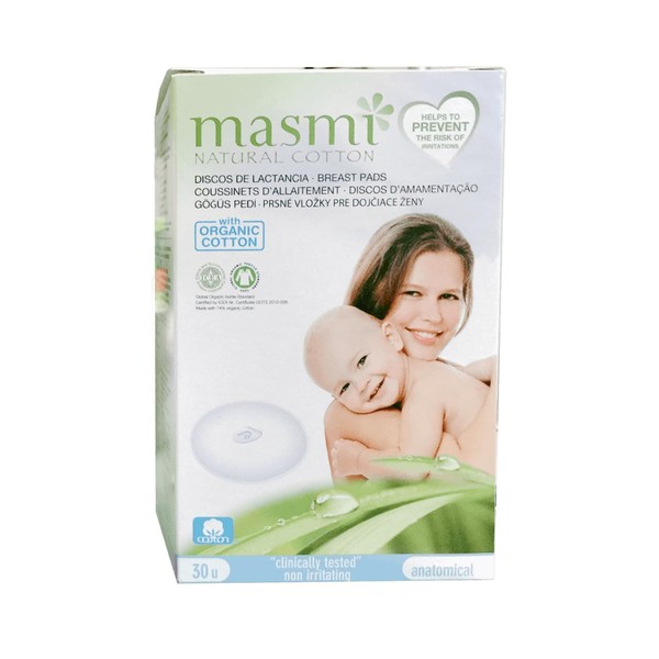 Masmi - Coussinets d'Allaitement - 100% Coton Bio - Hautement Absorbant - Certifié GOTS - Compostable & Biodégradable à plus de 95% - Boite de 30 Coussinets
