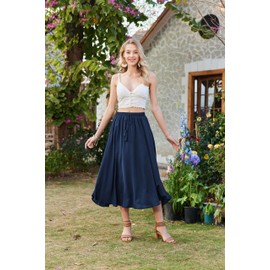 Zeagoo Skirts Women's Midi Length Elegant Skirt High Waist Maxi Skirt with Drawstring Plain Casual Skirt Wedding Cocktail Skirt, navy blue