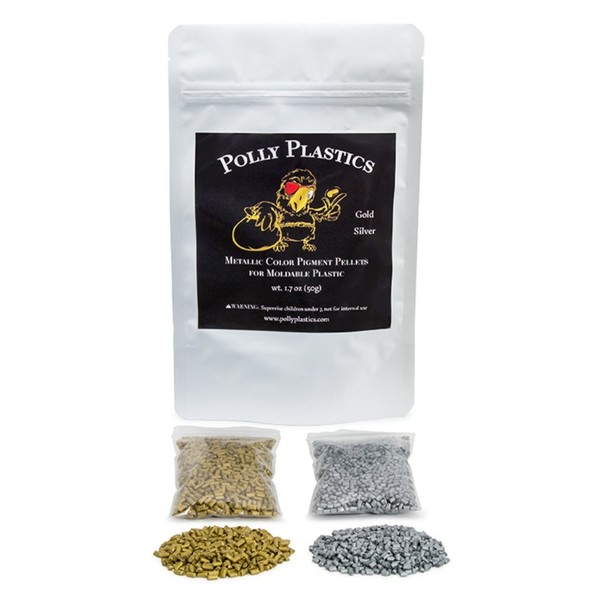 Polly Plastics Metallic Color Pellets for Moldable Plastic. Gold and Silver.