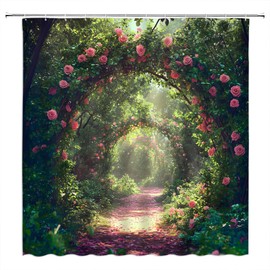 WANVYON Garden Floral Shower Curtain Green Forest Floral Rose Path Romantic Nature Spring Landscape Bathroom Decor Polyester Curtains with Hooks