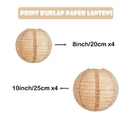 Print Burlap Paper Lanterns, 8 Pcs Boho Hanging Lanterns with Rustic Pattern, Brown Burlap Paper Lanterns for Bohemian Wedding, Farmhouse Decor, Thanksgiving and Birthday, 8 and 10 Inch
