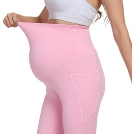 SOOWOT Flare Maternity Yoga Pants Soft Stretchy Bootcut Leggings Over The Belly Pregnancy Work Pants with Pockets Casual Petite/Regular 28" Pink XS