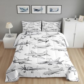 Homewish Airplane Comforter Set Queen Size Aircraft Bedding Set 3Pcs for Kids Girls Boys Teens Bedroom Decor Black White Sketch Print Quilt Set Flying Theme Duvet Insert,2 Pillowcases