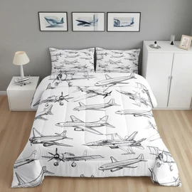 Homewish Airplane Comforter Set Queen Size Aircraft Bedding Set 3Pcs for Kids Girls Boys Teens Bedroom Decor Black White Sketch Print Quilt Set Flying Theme Duvet Insert,2 Pillowcases